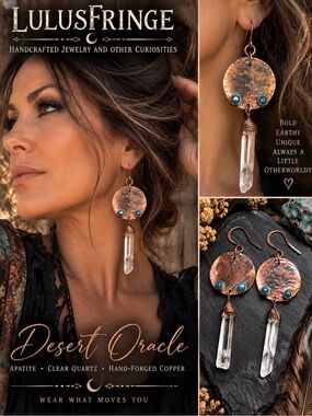 Artisan Hammered Copper & Apatite & Clear Quartz Crystal Dangle Earrings